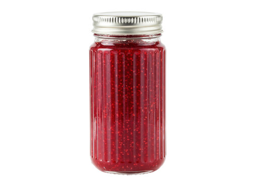 Isolated jar of homemade raspberry jam, preserved in a glass container with metal lid