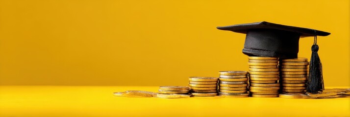 Ant Financial. Graduated Cap with Coins in Ant Wallet on Yellow Background. Illustration of Savings for Education and Financial Literacy