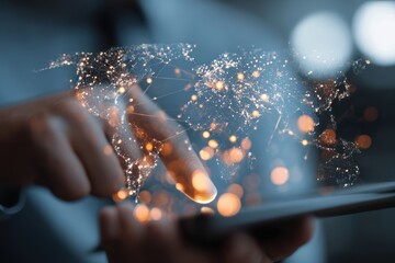 Global Network Connection Hand Touching Tablet Future Technology Innovation Global Data Exchange, Connecting the World Business Expansion, Worldwide Communications and Collaboration