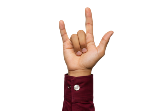 Isolated hand making love sign in maroon shirt, popular symbol, communication, expression