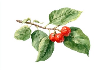 Ashwagandha Illustration. Hand Drawn Watercolor of Root, Plant, Berry and Leaf