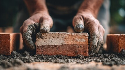 Craftsman laying bricks with mortar, creating a strong structure. Hands covered in construction material. Building something solid and lasting.
