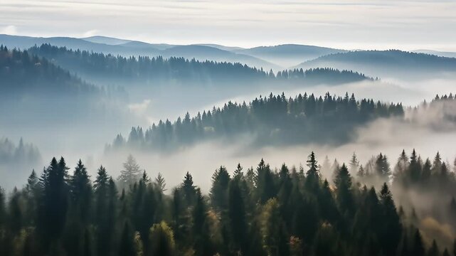 Misty mountain landscape with evergreen trees, layers of hills, and atmospheric fog