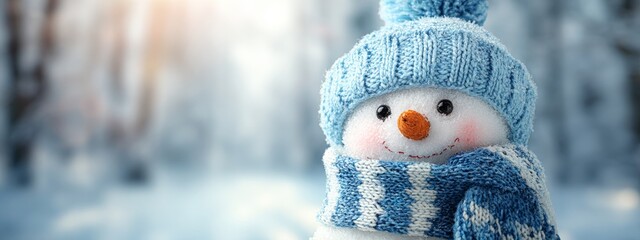 Cute snowman in a blue knitted hat and scarf in a winter forest with copy space.