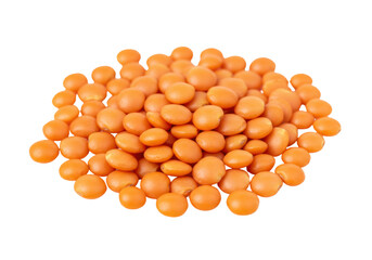 Isolated pile of orange lentils food concept, dried legumes, ingredient, vegetarian cuisine