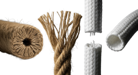 Extreme macro of coarse brown jute rope, cut and frayed, beside transparent nylon rope, cut and bent, on a transparent studio background with dramatic chiaroscuro lighting, contrasting materials