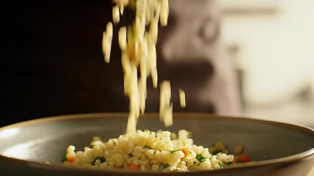 Hands pour pearl couscous salad into gray bowl