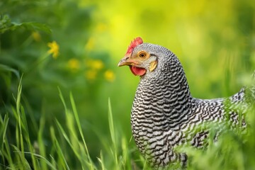 Fototapeta premium Barred Rock Chicken: Hen in Grass - Poultry and Rural Life Scene