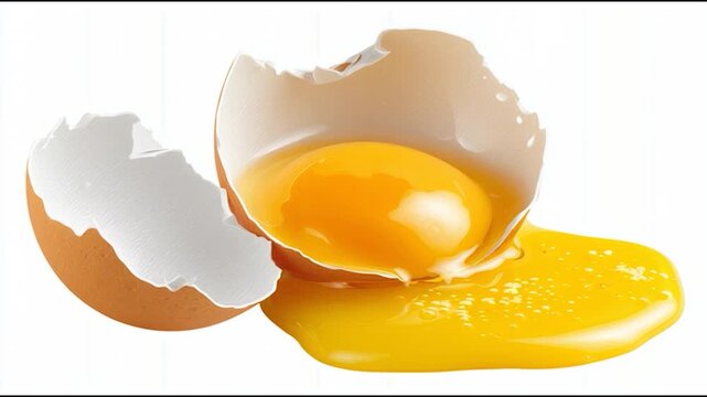 A broken eggshell with a golden yolk and egg white spilling out, set against a white background.