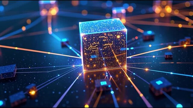 A futuristic glowing cube surrounded by interconnected circuits and chips, representing advanced technology and digital networks.