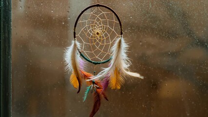 Swaying woven dreamcatcher from stirring breeze at rainy window, with colorful feathers dancing - Powered by Adobe