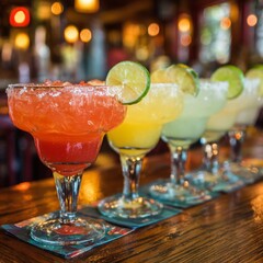 Different Flavored Margaritas on a wooden table at sports bar in a Classic Margarita Glass.