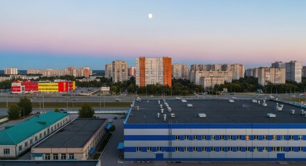 Fototapeta premium Cityscape Dusk: An expansive cityscape unfolds under the soft hues of dusk, featuring a blend of residential buildings, industrial structures, and the ambient glow of the evening sky.