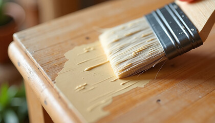 Applying wood stain for restoration project on wooden surface, using wood stain with brush for furniture renovation. Wood stain process revives worn surfaces and enhances beauty of natural wood.