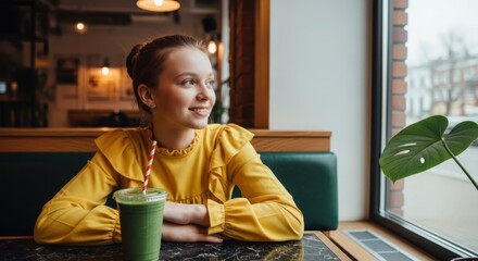 Serene Cafe Moment: A young woman enjoys a healthy green smoothie, gazing dreamily out of a window in a cozy cafe, surrounded by natural light and an inviting atmosphere.