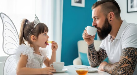 A Whimsical Moment: A tender moment unfolds as a father and daughter share a delightful afternoon tea, the little girl enchanting in a fairy costume, and the father looking lovingly.