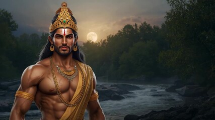 Full moon rising inspiring shirtless warrior standing on riverbank displaying crown and sash - Powered by Adobe