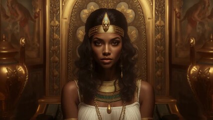 Camera zooming in on Egyptian queen in gown in throne room, highlighting golden throne and jewelry - Powered by Adobe
