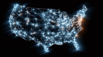 USA Network: A stylized, glowing network outline of the contiguous United States against a black background.  Connections represent data flow.