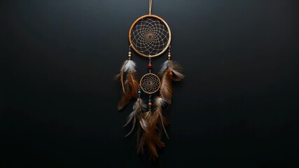 Displaying handcrafted dreamcatcher hanging against gray wall, with colorful beads, feathers - Powered by Adobe