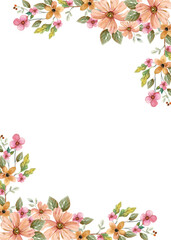 Blooming botanical watercolor flowers border frame. colorful flower on white background.