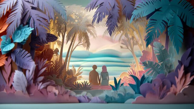 2D paper cutout illustration depth and layers, featuring a couple admiring a peaceful tropical sea and countryside travel scene.