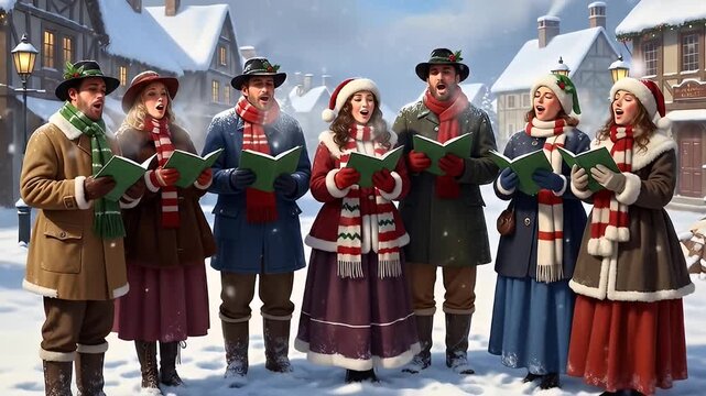 Choir sings Christmas carols in a snow-covered village, clad in festive winter attire