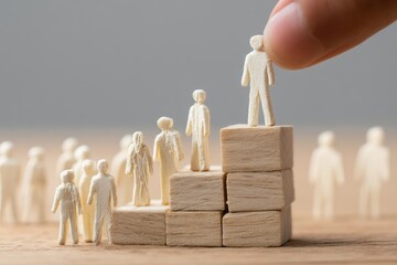 Leadership Pyramid Wooden Figures on Blocks Elevating Team Members to Success. Business Growth Concept with Hand Placing Figure on Top Tier Representing Promotion and Achievement.
