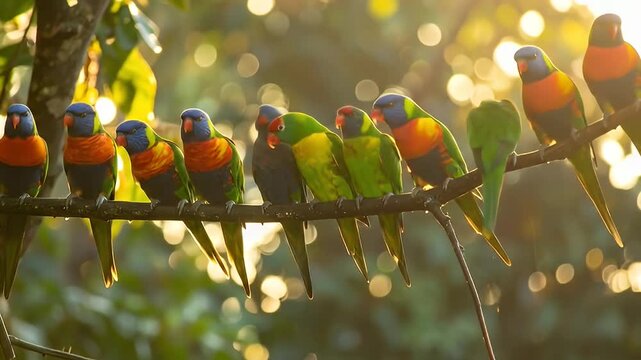Colorful lorikeets perch on a branch bathed in golden sunlight, bokeh background