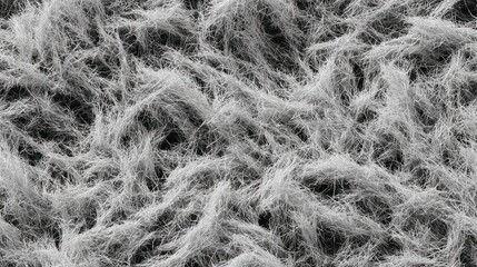 Abstract organic texture of interwoven fine white fibers on a dark background.