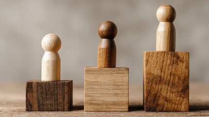 Wooden Peg Dolls Displayed Atop Varying Heights of Wooden Blocks Depicting Ranking, Progression, and Achievement Set Against a Soft Backdrop - Conceptualizing Growth and Ascendancy