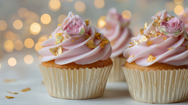 Cupcakes with buttercream swirl and edible gold leaf, soft pink theme, bokeh background lights