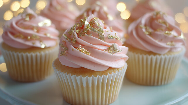 Cupcakes with buttercream swirl and edible gold leaf, soft pink theme, bokeh background lights