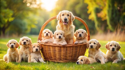 Two cute golden retriever puppies in a basket on the green grass