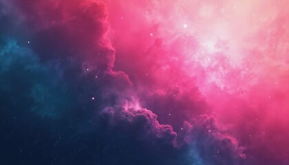Cosmic nebula with glowing pink and cyan clouds, tiny stars scattered across deep space. Vibrant abstract background blends dark blue with bright magenta, suggesting wonder.