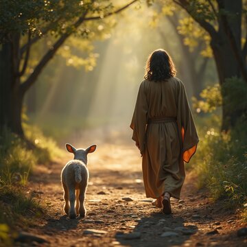 Man in robe walks on forest path. Small white lamb follows closely. Golden light shines through green trees, illuminating way forward. Scene faith, guidance, spiritual journey, showing compassion,