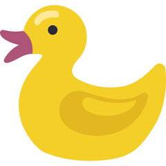 Cute yellow rubber duck toy with open beak and purple accents on a transparent background for bath time fun