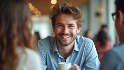 Young man with beard smiles holding coffee cup at cafe. Happy enjoying coffee break with colleagues. Friends talk, networking, relax in modern office lounge space. Positive business people meet for