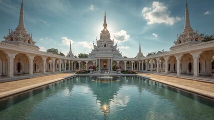 After wide shot camera tilting down over temple courtyard revealing fountain and spire reflection - Powered by Adobe