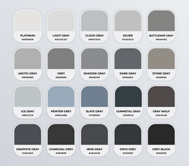 Grey color codes shades guide palette catalog with color names