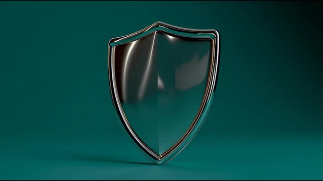 A shiny, modern shield icon representing protection and security, set against a teal background.