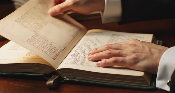 Hands flipping through pages of an old ledger book on a wooden table