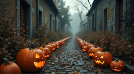 Glowing Halloween pumpkin row on old street, haunted fall night atmosphere