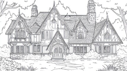 Obraz premium Ornate Tudor-style house with detailed gables, stone accents, and lush foliage