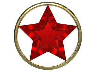Anodized red metal star in a gold ring used for anniversary decoration.