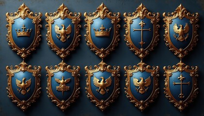 Set of blue shields with ornate gold borders. Emblems feature eagles crowns and crosses. Royal symbols signify nobility power and heritage. Elegant design for premium branding.