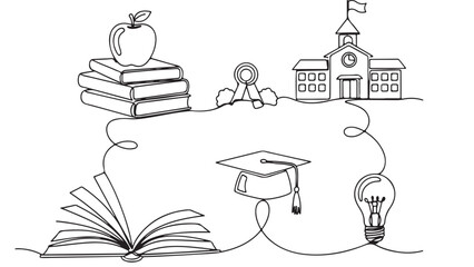 Conceptual illustration of education and learning journey with symbols like books, school, graduation cap, and lightbulb.