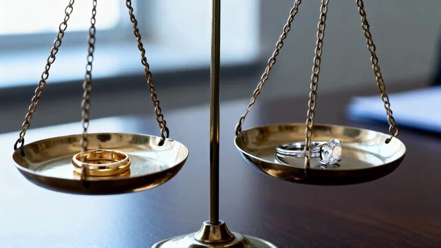 A balance scale weighing a wedding band and a diamond ring. Legal concept of divorce, marriage law, and the division of assets. Scales of justice symbolizing a settlement