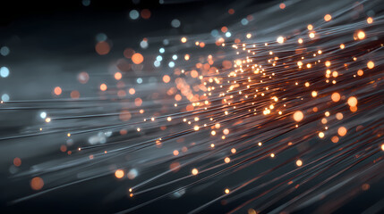 Illuminating abstract of fiber optic and digital technology. The intricate display of light strands and particles creates a sense of connection and innovation