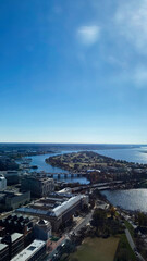Aerial view of Washington DC riverfront with island park and bridge under blue sky